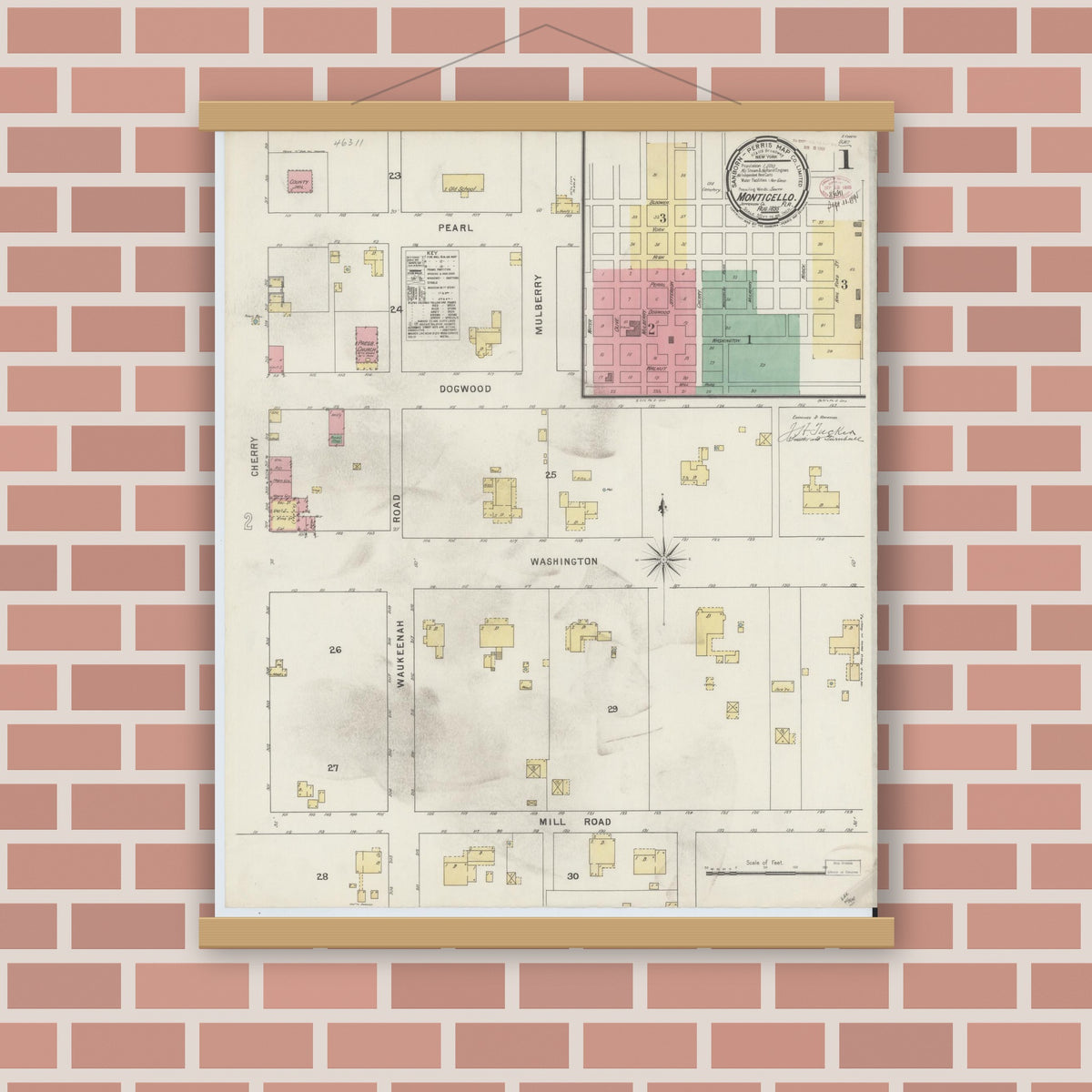 Old map wall art mockup — magnetic wood frame on brick wall — Sanborn Fire Insurance Map from Monticello, Jefferson County, Florida (1895), Sheet #0001