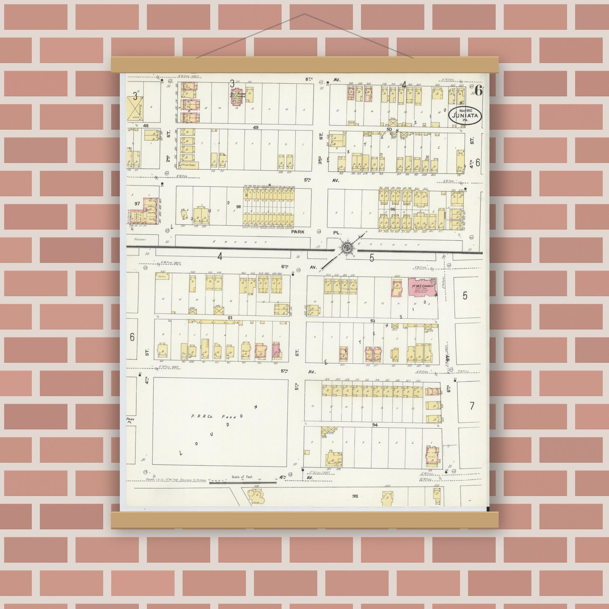 Old map wall art mockup — magnetic wood frame on brick wall — Sanborn Fire Insurance Map from Juniata, Blair County, Pennsylvania (1910), Sheet #0006