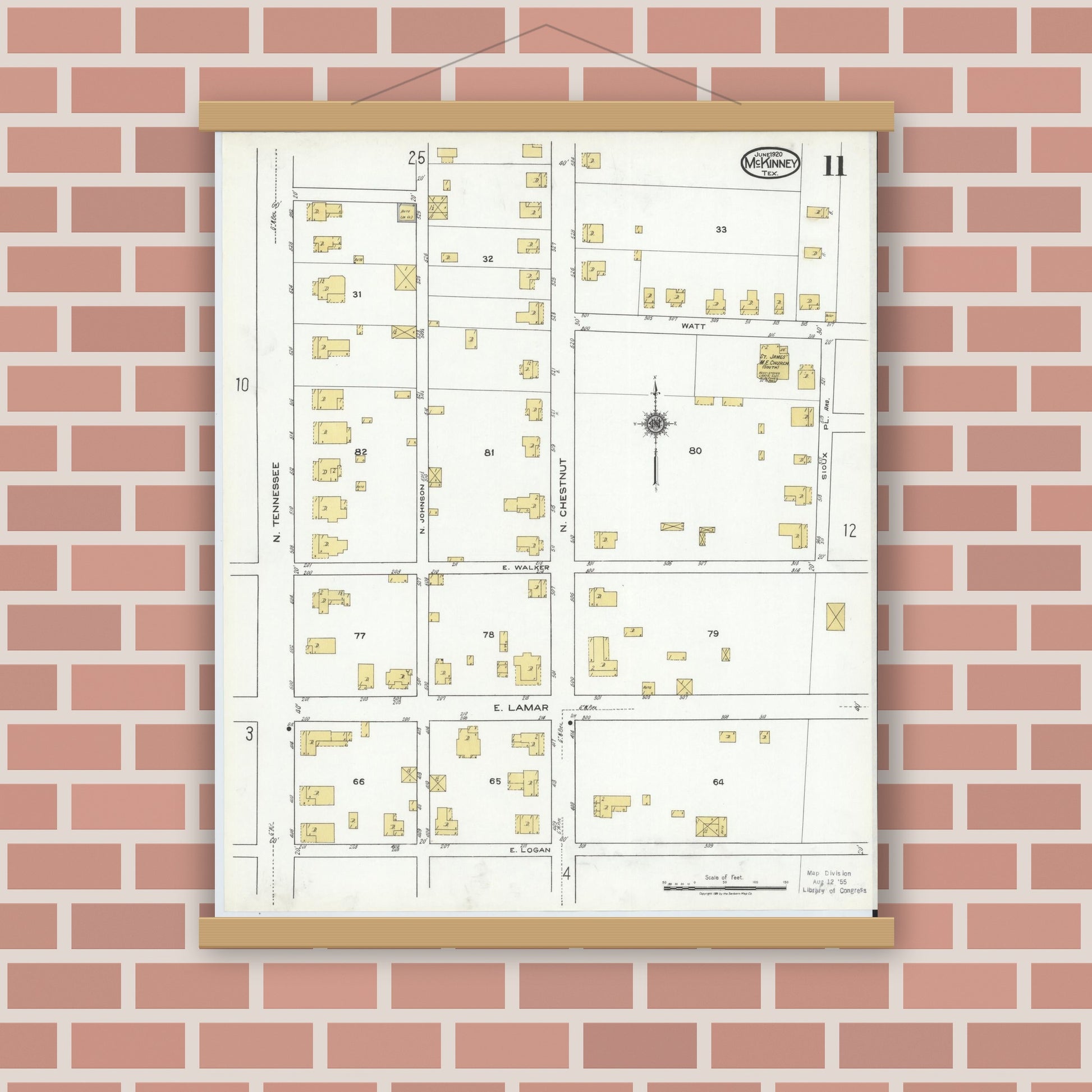 Old map wall art mockup — magnetic wood frame on brick wall — Sanborn Fire Insurance Map from McKinney, Collin County, Texas (1920), Sheet #0011