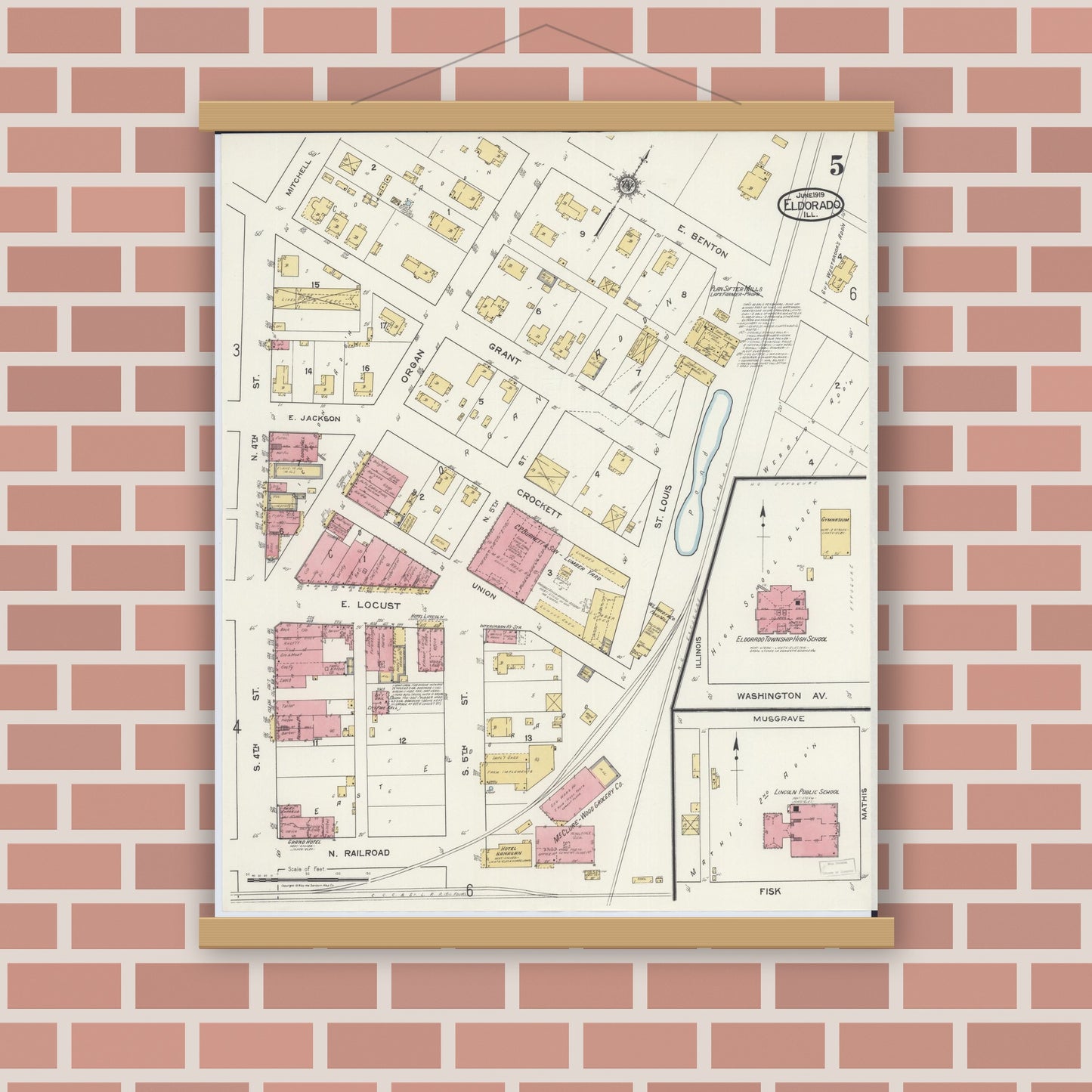 Old map wall art mockup — magnetic wood frame on brick wall — Sanborn Fire Insurance Map from Eldorado, Saline County, Illinois (1919), Sheet #0005