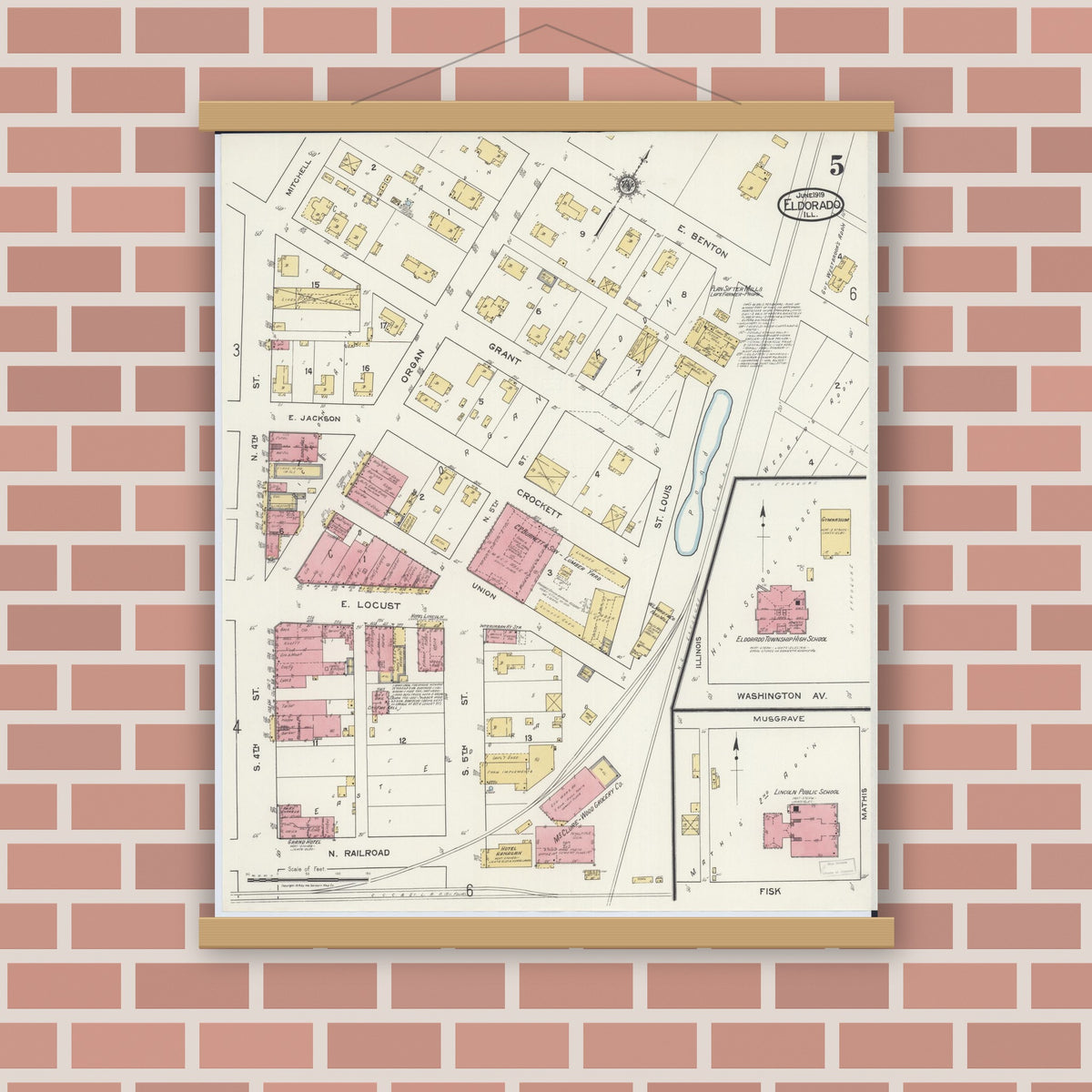 Old map wall art mockup — magnetic wood frame on brick wall — Sanborn Fire Insurance Map from Eldorado, Saline County, Illinois (1919), Sheet #0005