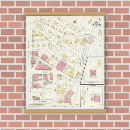 Old map wall art mockup — magnetic wood frame on brick wall — Sanborn Fire Insurance Map from Eldorado, Saline County, Illinois (1919), Sheet #0005