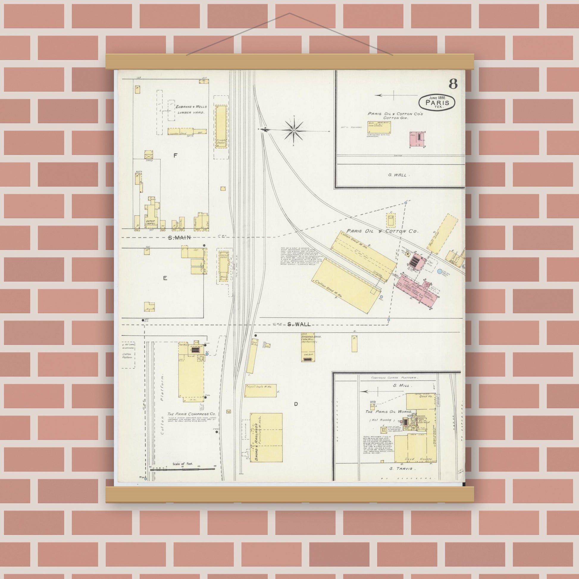 Old map wall art mockup — magnetic wood frame on brick wall — Sanborn Fire Insurance Map from Paris, Lamar County, Texas (1892), Sheet #0008