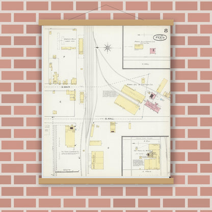Old map wall art mockup — magnetic wood frame on brick wall — Sanborn Fire Insurance Map from Paris, Lamar County, Texas (1892), Sheet #0008
