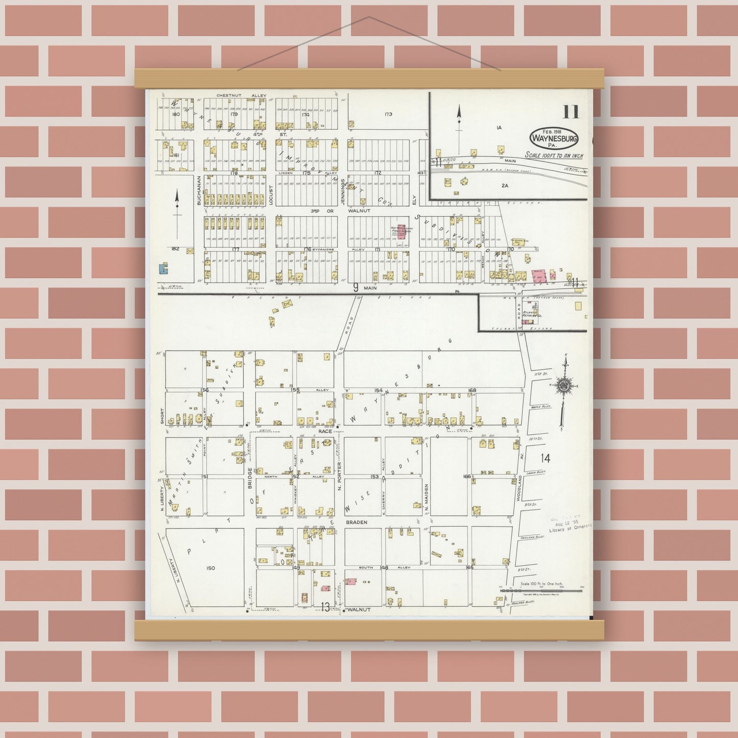 Old map wall art mockup — magnetic wood frame on brick wall — Sanborn Fire Insurance Map from Waynesburg, Greene County, Pennsylvania (1918), Sheet #0011