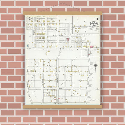 Old map wall art mockup — magnetic wood frame on brick wall — Sanborn Fire Insurance Map from Waynesburg, Greene County, Pennsylvania (1918), Sheet #0011