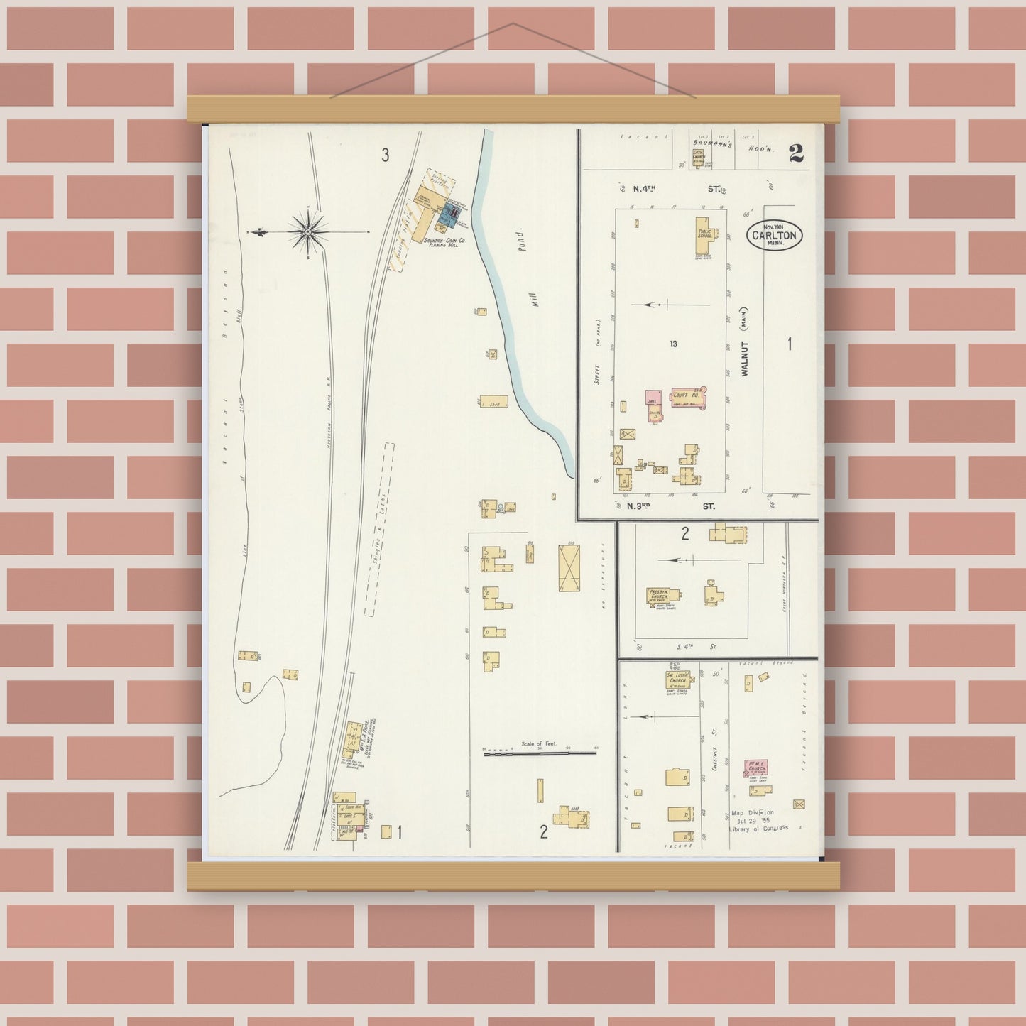 Old map wall art mockup — magnetic wood frame on brick wall — Sanborn Fire Insurance Map from Carlton, Carlton County, Minnesota (1901), Sheet #0002