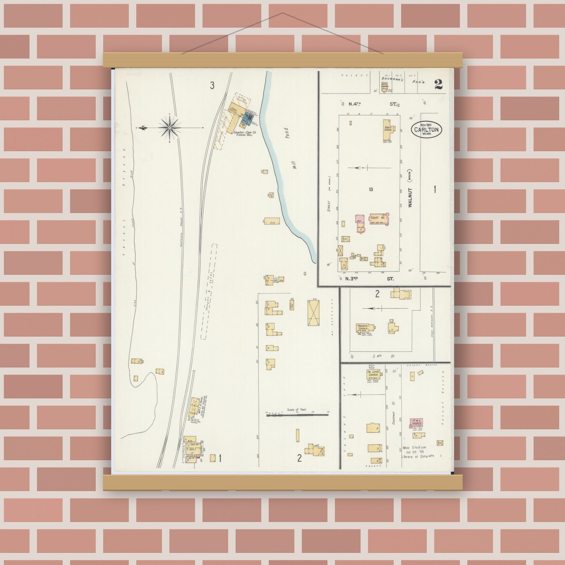 Old map wall art mockup — magnetic wood frame on brick wall — Sanborn Fire Insurance Map from Carlton, Carlton County, Minnesota (1901), Sheet #0002