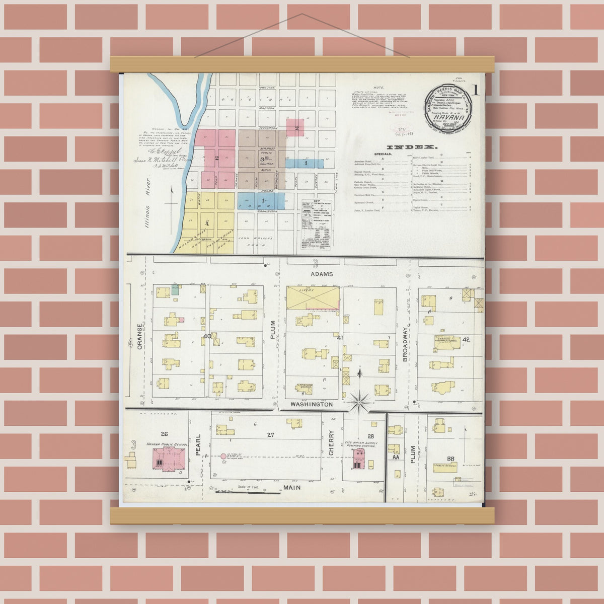 Old map wall art mockup — magnetic wood frame on brick wall — Sanborn Fire Insurance Map from Havana, Mason County, Illinois (1892), Sheet #0001