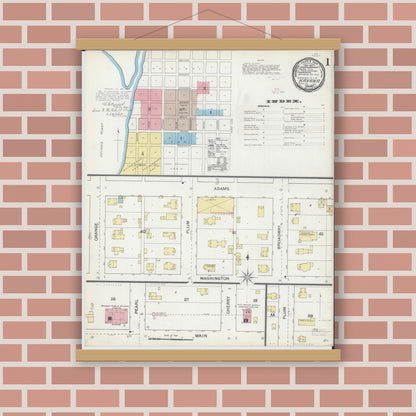 Old map wall art mockup — magnetic wood frame on brick wall — Sanborn Fire Insurance Map from Havana, Mason County, Illinois (1892), Sheet #0001