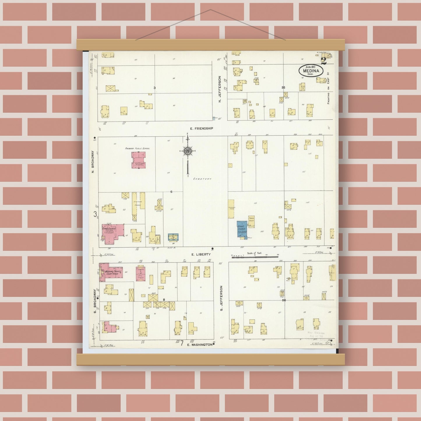 Old map wall art mockup — magnetic wood frame on brick wall — Sanborn Fire Insurance Map from Medina, Medina County, Ohio (1911), Sheet #0002