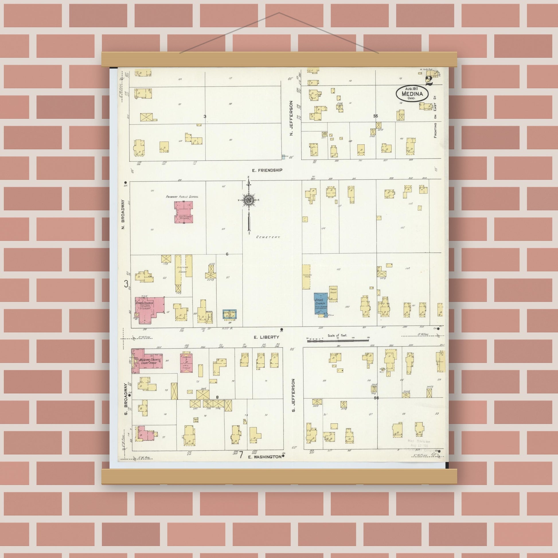 Old map wall art mockup — magnetic wood frame on brick wall — Sanborn Fire Insurance Map from Medina, Medina County, Ohio (1911), Sheet #0002