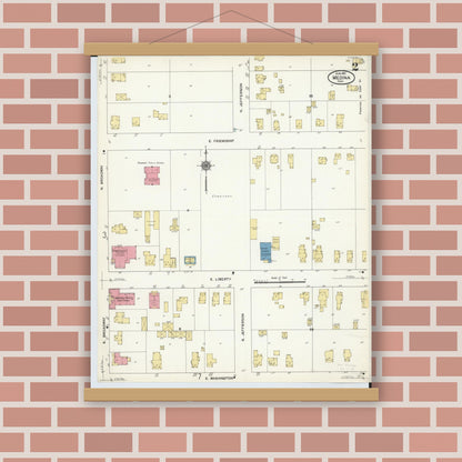 Old map wall art mockup — magnetic wood frame on brick wall — Sanborn Fire Insurance Map from Medina, Medina County, Ohio (1911), Sheet #0002