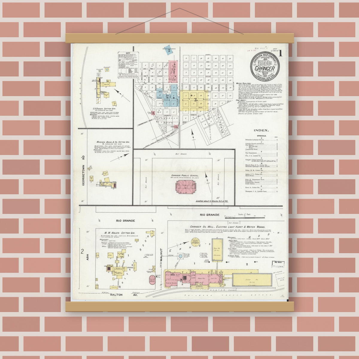 Old map wall art mockup — magnetic wood frame on brick wall — Sanborn Fire Insurance Map from Granger, Williamson County, Texas (1910) - Complete Map Set