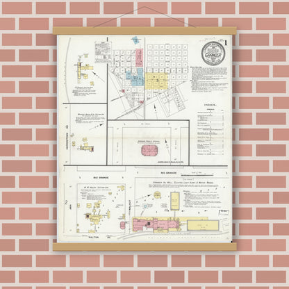 Old map wall art mockup — magnetic wood frame on brick wall — Sanborn Fire Insurance Map from Granger, Williamson County, Texas (1910) - Complete Map Set