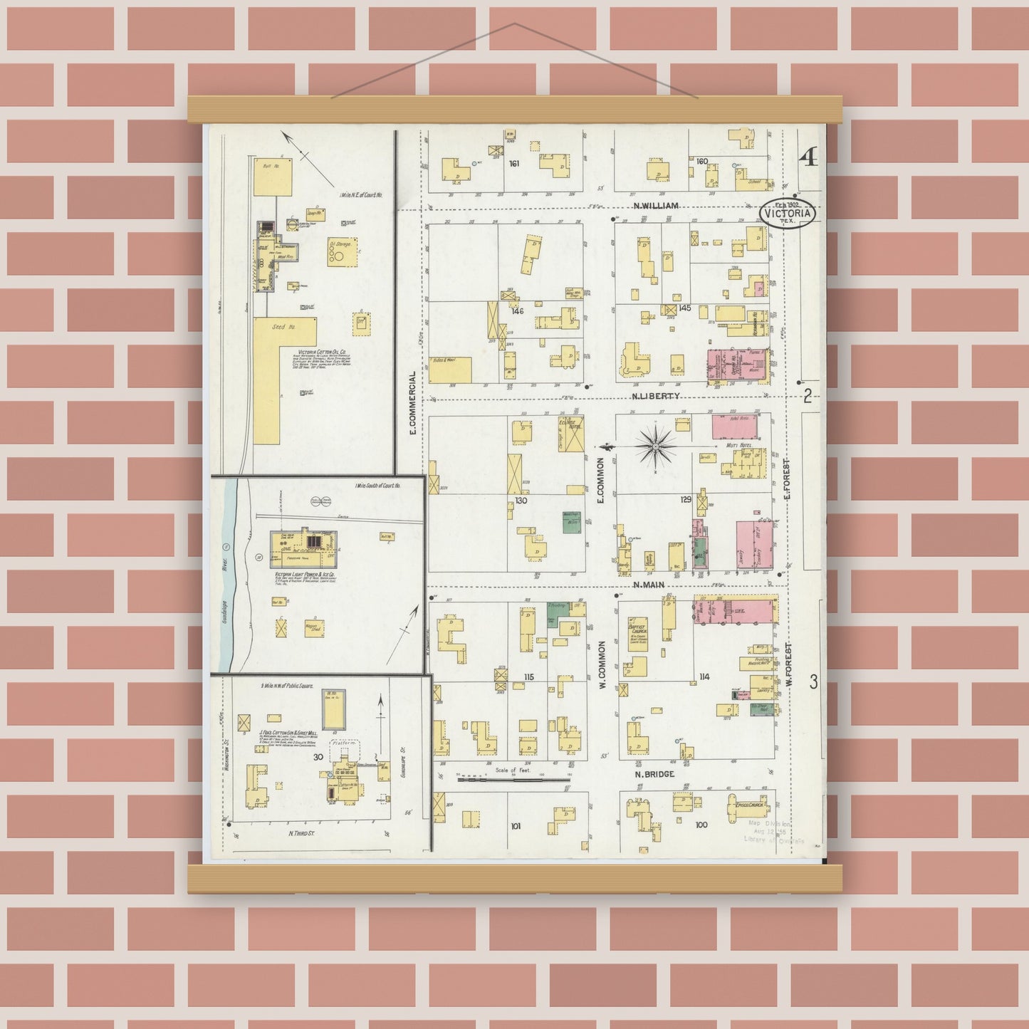 Old map wall art mockup — magnetic wood frame on brick wall — Sanborn Fire Insurance Map from Victoria, Victoria County, Texas (1902), Sheet #0004