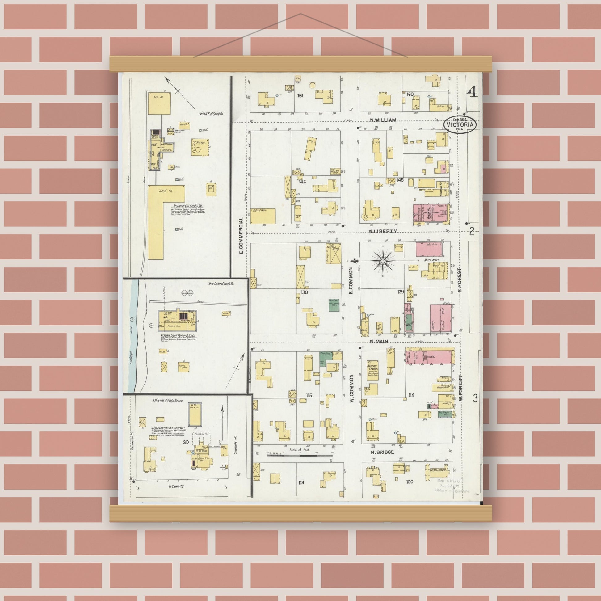 Old map wall art mockup — magnetic wood frame on brick wall — Sanborn Fire Insurance Map from Victoria, Victoria County, Texas (1902), Sheet #0004
