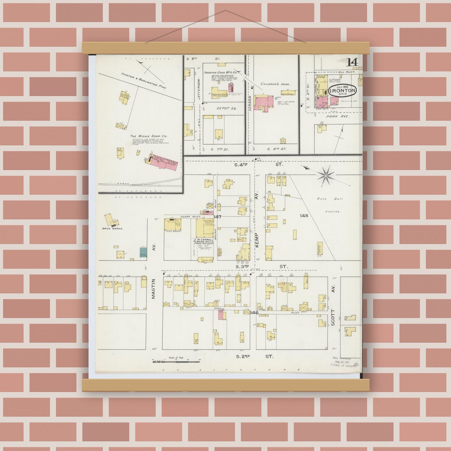 Old map wall art mockup — magnetic wood frame on brick wall — Sanborn Fire Insurance Map from Ironton, Lawrence County, Ohio (1893), Sheet #0014