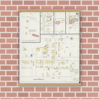 Old map wall art mockup — magnetic wood frame on brick wall — Sanborn Fire Insurance Map from Ironton, Lawrence County, Ohio (1893), Sheet #0014