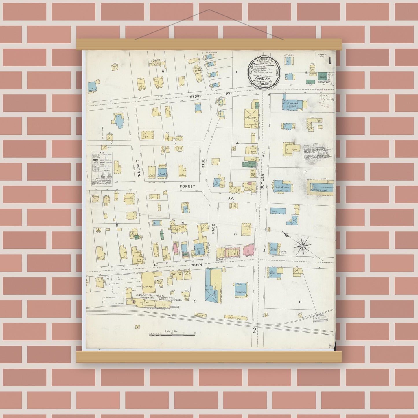Old map wall art mockup — magnetic wood frame on brick wall — Sanborn Fire Insurance Map from Ambler, Montgomery County, Pennsylvania (1896), Sheet #0001