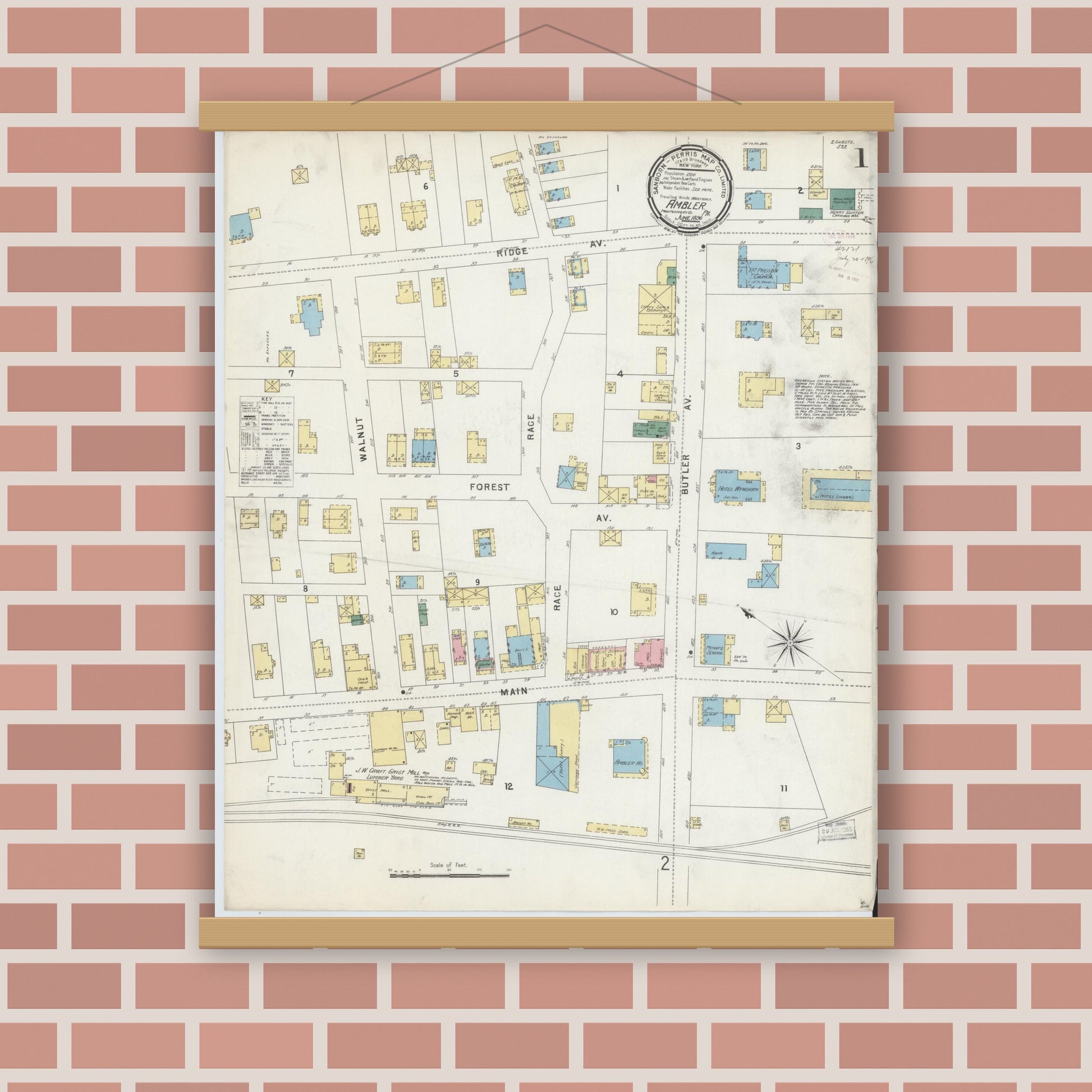 Old map wall art mockup — magnetic wood frame on brick wall — Sanborn Fire Insurance Map from Ambler, Montgomery County, Pennsylvania (1896), Sheet #0001