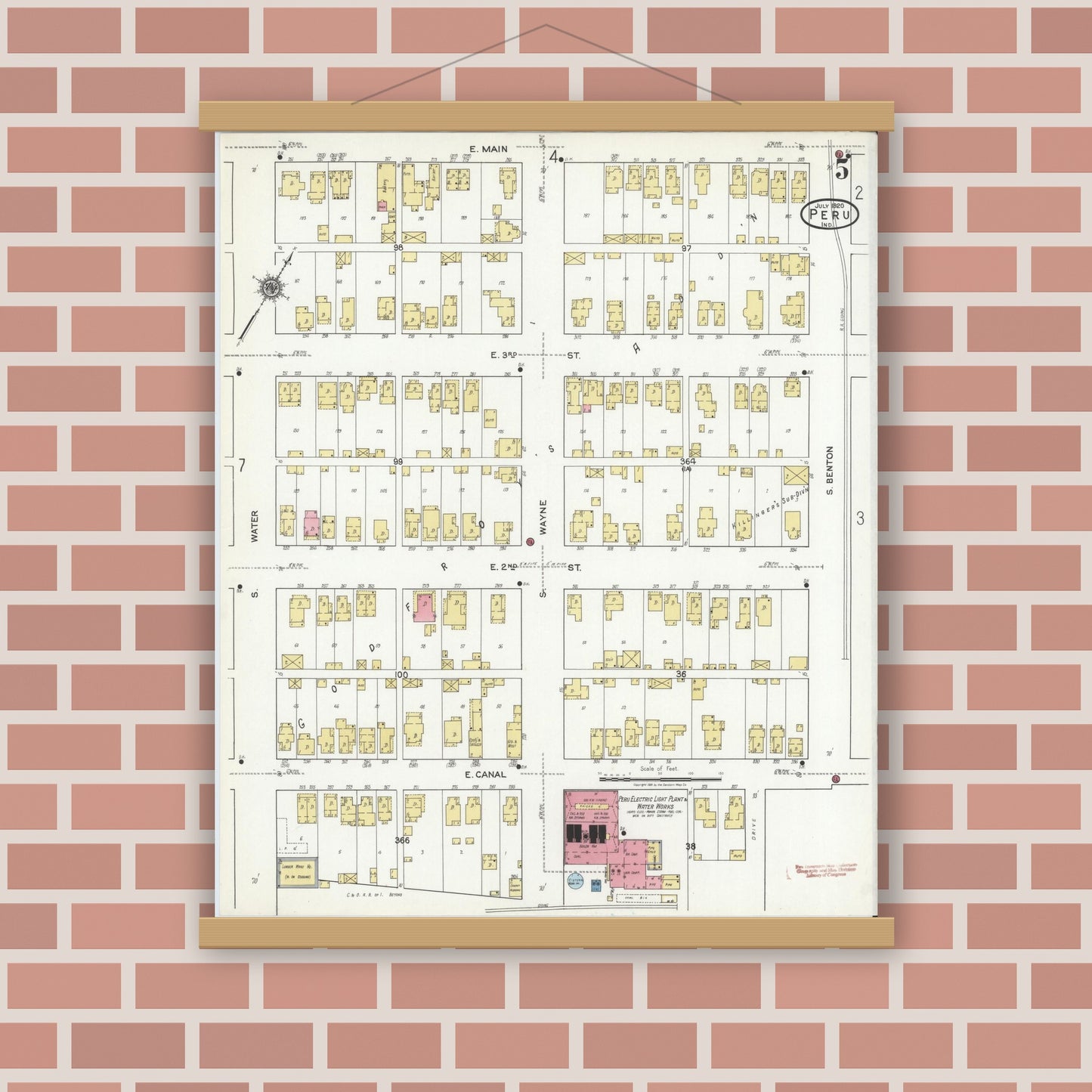Old map wall art mockup — magnetic wood frame on brick wall — Sanborn Fire Insurance Map from Peru, Miami County, Indiana (1920), Sheet #0005