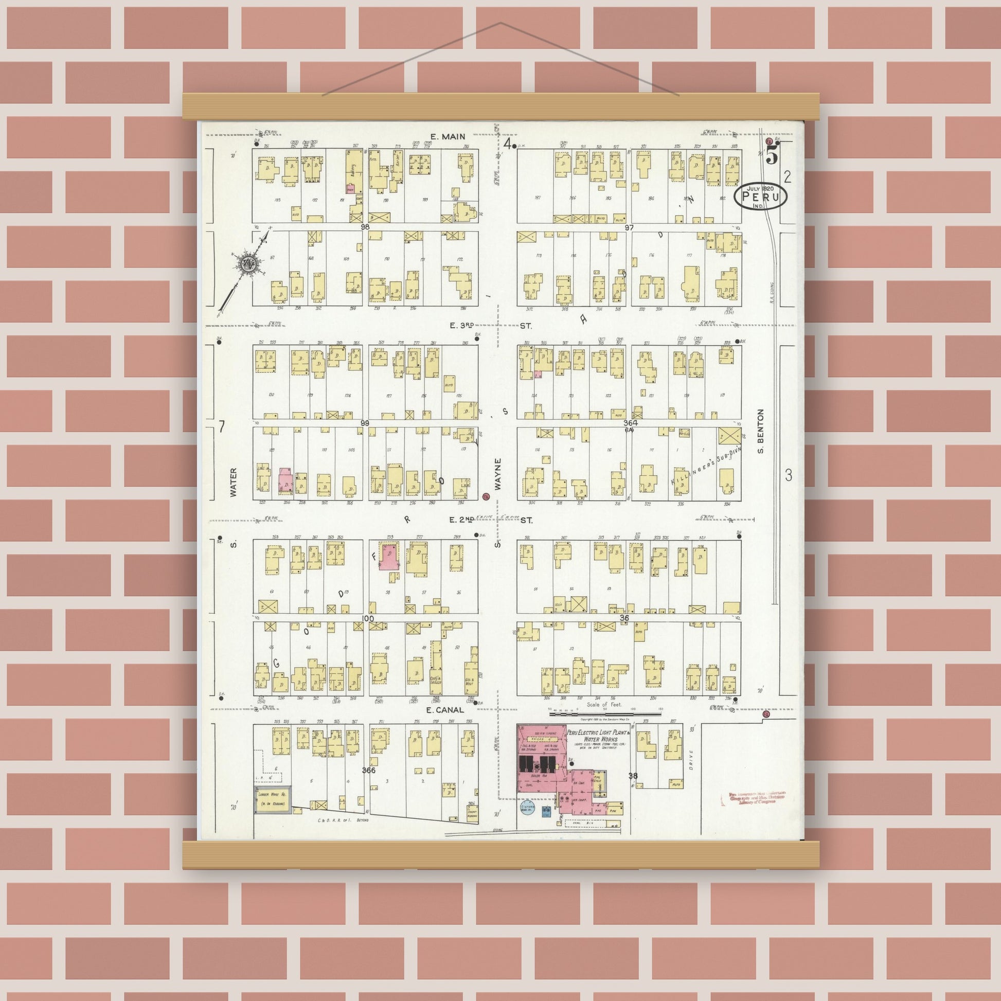 Old map wall art mockup — magnetic wood frame on brick wall — Sanborn Fire Insurance Map from Peru, Miami County, Indiana (1920), Sheet #0005