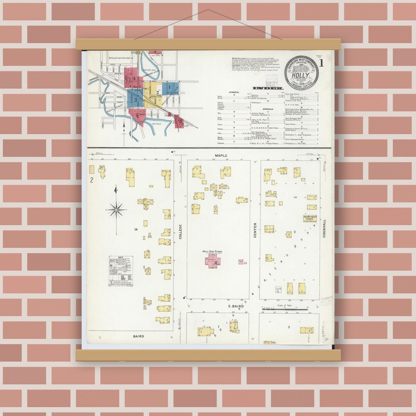 Old map wall art mockup — magnetic wood frame on brick wall — Sanborn Fire Insurance Map from Holly, Oakland County, Michigan (1908) - Complete Map Set