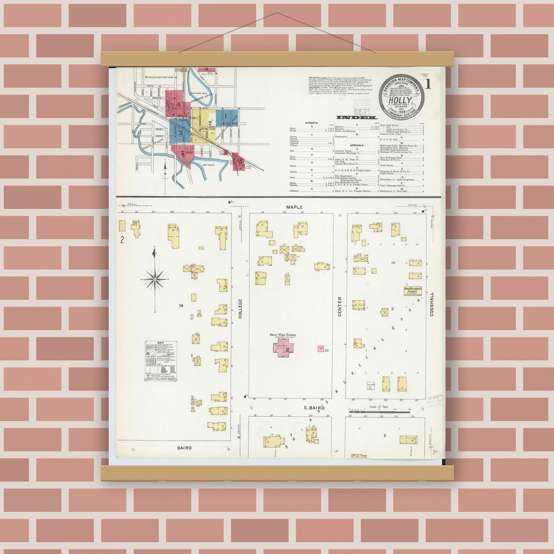 Old map wall art mockup — magnetic wood frame on brick wall — Sanborn Fire Insurance Map from Holly, Oakland County, Michigan (1908) - Complete Map Set