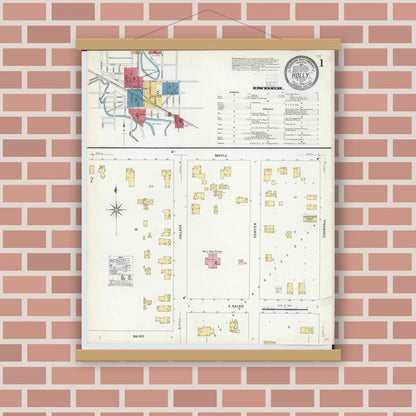 Old map wall art mockup — magnetic wood frame on brick wall — Sanborn Fire Insurance Map from Holly, Oakland County, Michigan (1908) - Complete Map Set