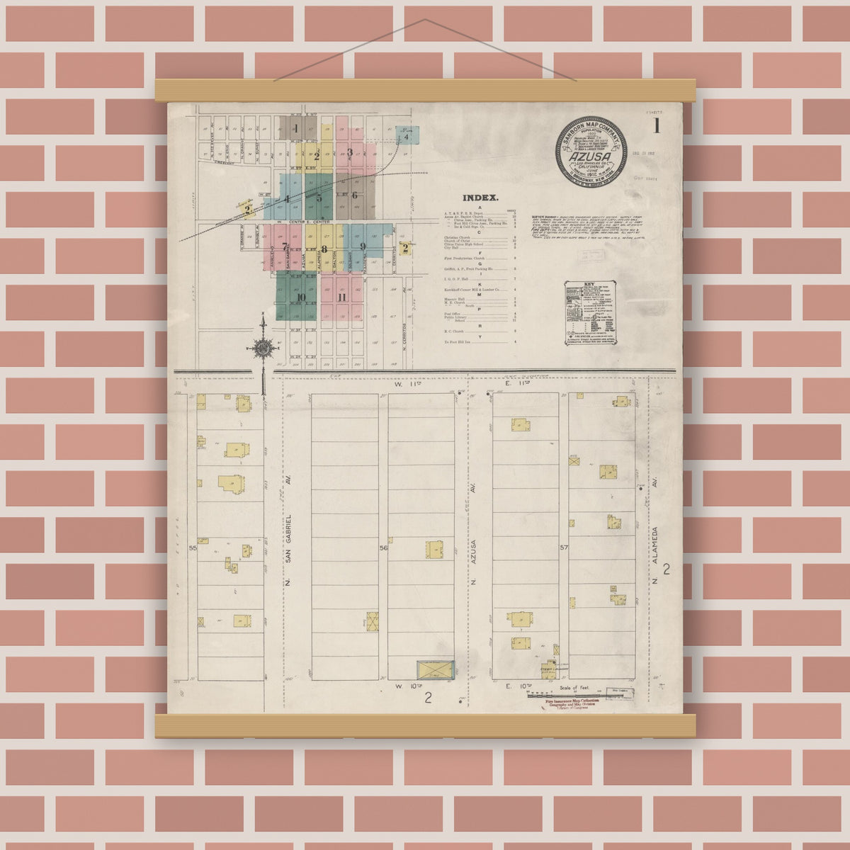 Old map wall art mockup — magnetic wood frame on brick wall — Sanborn Fire Insurance Map from Azusa, Los Angeles County, California (1912), Sheet #0001
