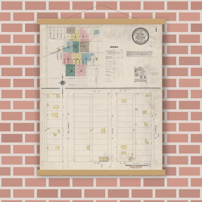 Old map wall art mockup — magnetic wood frame on brick wall — Sanborn Fire Insurance Map from Azusa, Los Angeles County, California (1912), Sheet #0001