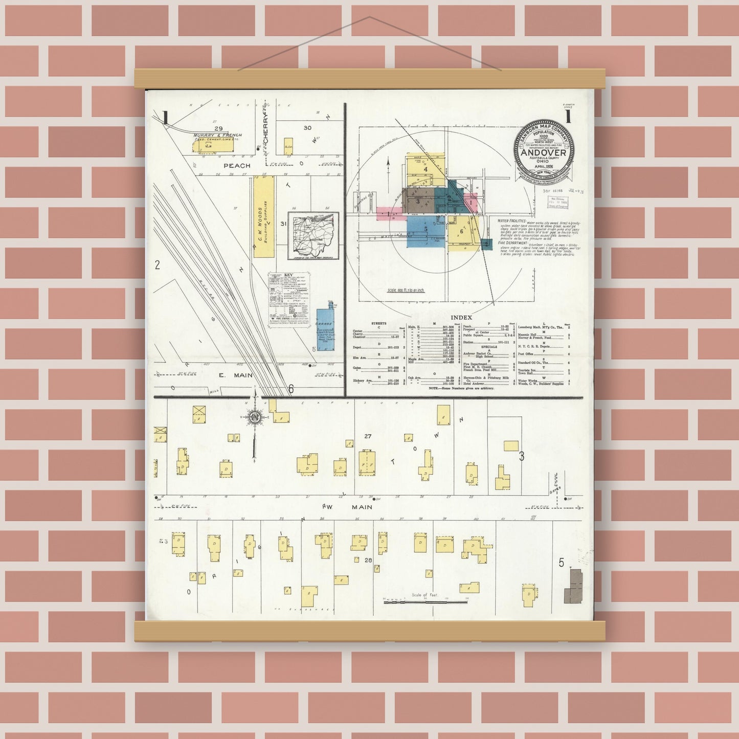 Old map wall art mockup — magnetic wood frame on brick wall — Sanborn Fire Insurance Map from Andover, Ashtabula County, Ohio (1926), Sheet #0001