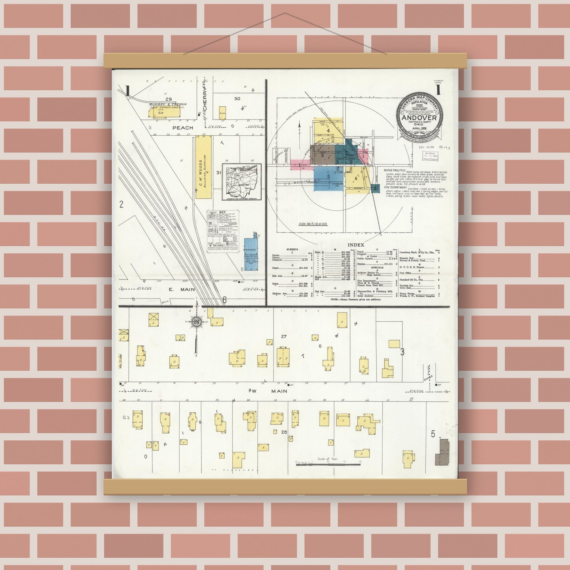 Old map wall art mockup — magnetic wood frame on brick wall — Sanborn Fire Insurance Map from Andover, Ashtabula County, Ohio (1926), Sheet #0001