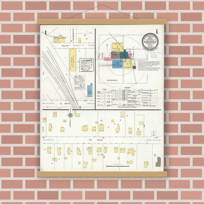 Old map wall art mockup — magnetic wood frame on brick wall — Sanborn Fire Insurance Map from Andover, Ashtabula County, Ohio (1926), Sheet #0001
