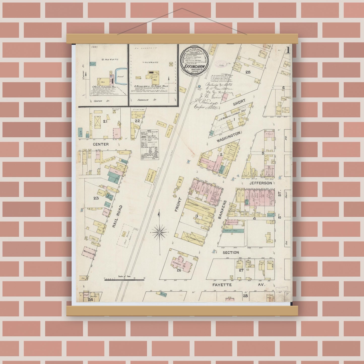 Old map wall art mockup — magnetic wood frame on brick wall — Sanborn Fire Insurance Map from Effingham, Effingham County, Illinois (1888), Sheet #0001