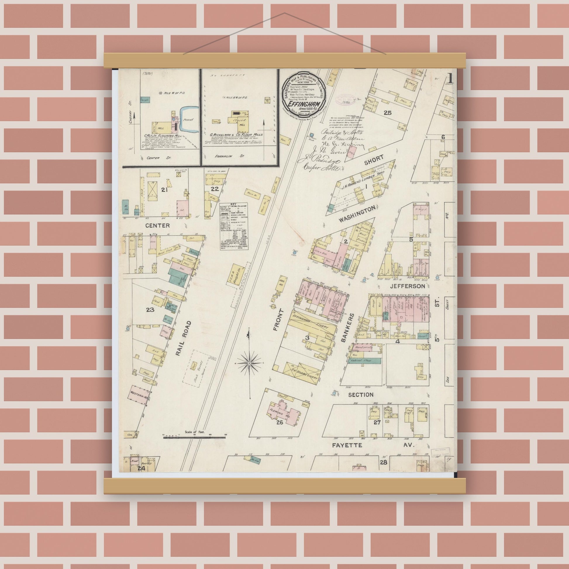 Old map wall art mockup — magnetic wood frame on brick wall — Sanborn Fire Insurance Map from Effingham, Effingham County, Illinois (1888), Sheet #0001