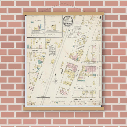 Old map wall art mockup — magnetic wood frame on brick wall — Sanborn Fire Insurance Map from Effingham, Effingham County, Illinois (1888), Sheet #0001