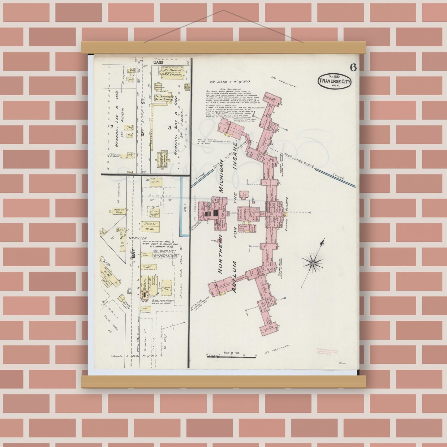 Old map wall art mockup — magnetic wood frame on brick wall — Sanborn Fire Insurance Map from Traverse City, Grand Traverse County, Michigan (1890), Sheet #0006