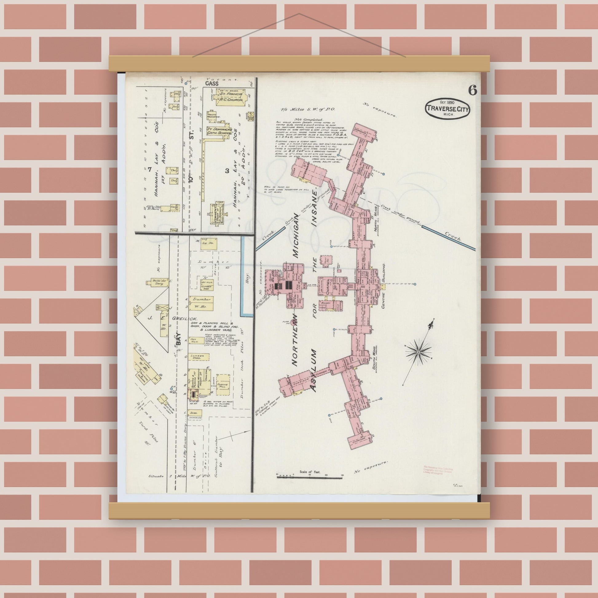 Old map wall art mockup — magnetic wood frame on brick wall — Sanborn Fire Insurance Map from Traverse City, Grand Traverse County, Michigan (1890), Sheet #0006