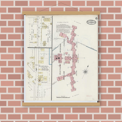 Old map wall art mockup — magnetic wood frame on brick wall — Sanborn Fire Insurance Map from Traverse City, Grand Traverse County, Michigan (1890), Sheet #0006