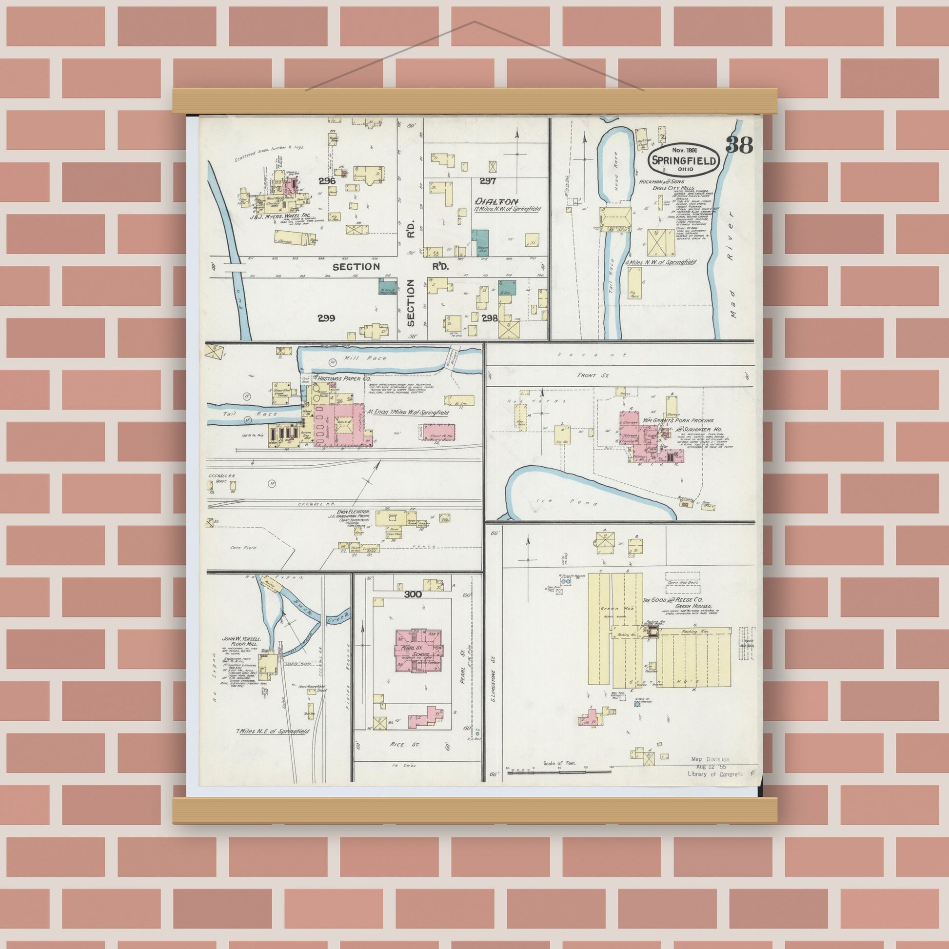 Old map wall art mockup — magnetic wood frame on brick wall — Sanborn Fire Insurance Map from Springfield, Clark County, Ohio (1891), Sheet #0038