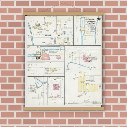 Old map wall art mockup — magnetic wood frame on brick wall — Sanborn Fire Insurance Map from Springfield, Clark County, Ohio (1891), Sheet #0038