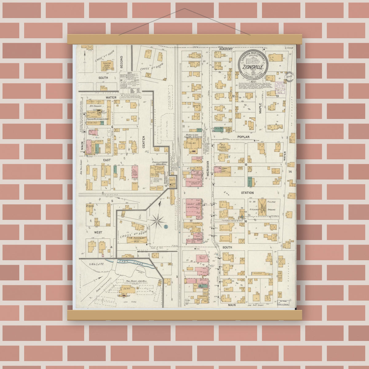 Old map wall art mockup — magnetic wood frame on brick wall — Sanborn Fire Insurance Map from Zionsville, Boone County, Indiana (1902), Sheet #0001