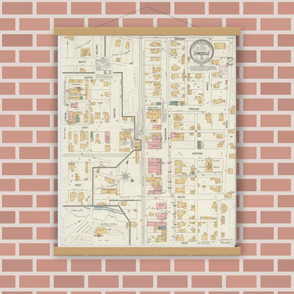 Old map wall art mockup — magnetic wood frame on brick wall — Sanborn Fire Insurance Map from Zionsville, Boone County, Indiana (1902), Sheet #0001