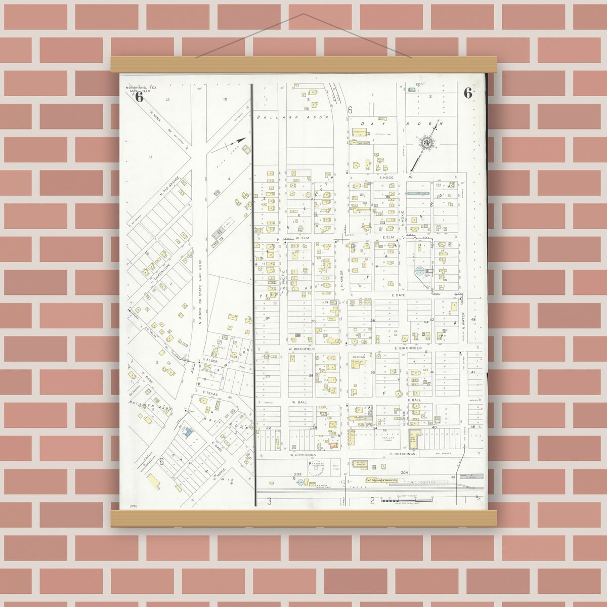 Old map wall art mockup — magnetic wood frame on brick wall — Sanborn Fire Insurance Map from Monahans, Ward County, Texas (1940), Sheet #0006