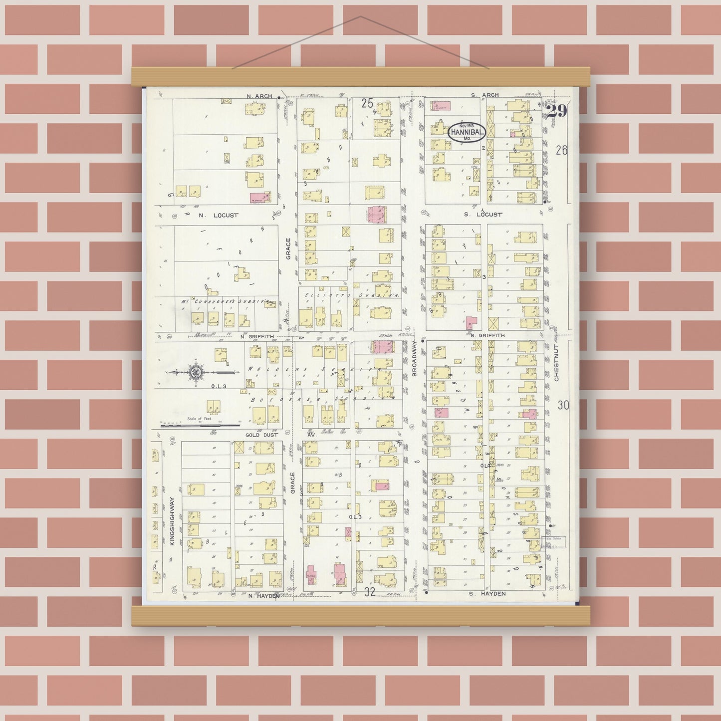 Old map wall art mockup — magnetic wood frame on brick wall — Sanborn Fire Insurance Map from Hannibal, Marion County, Missouri (1913), Sheet #0029