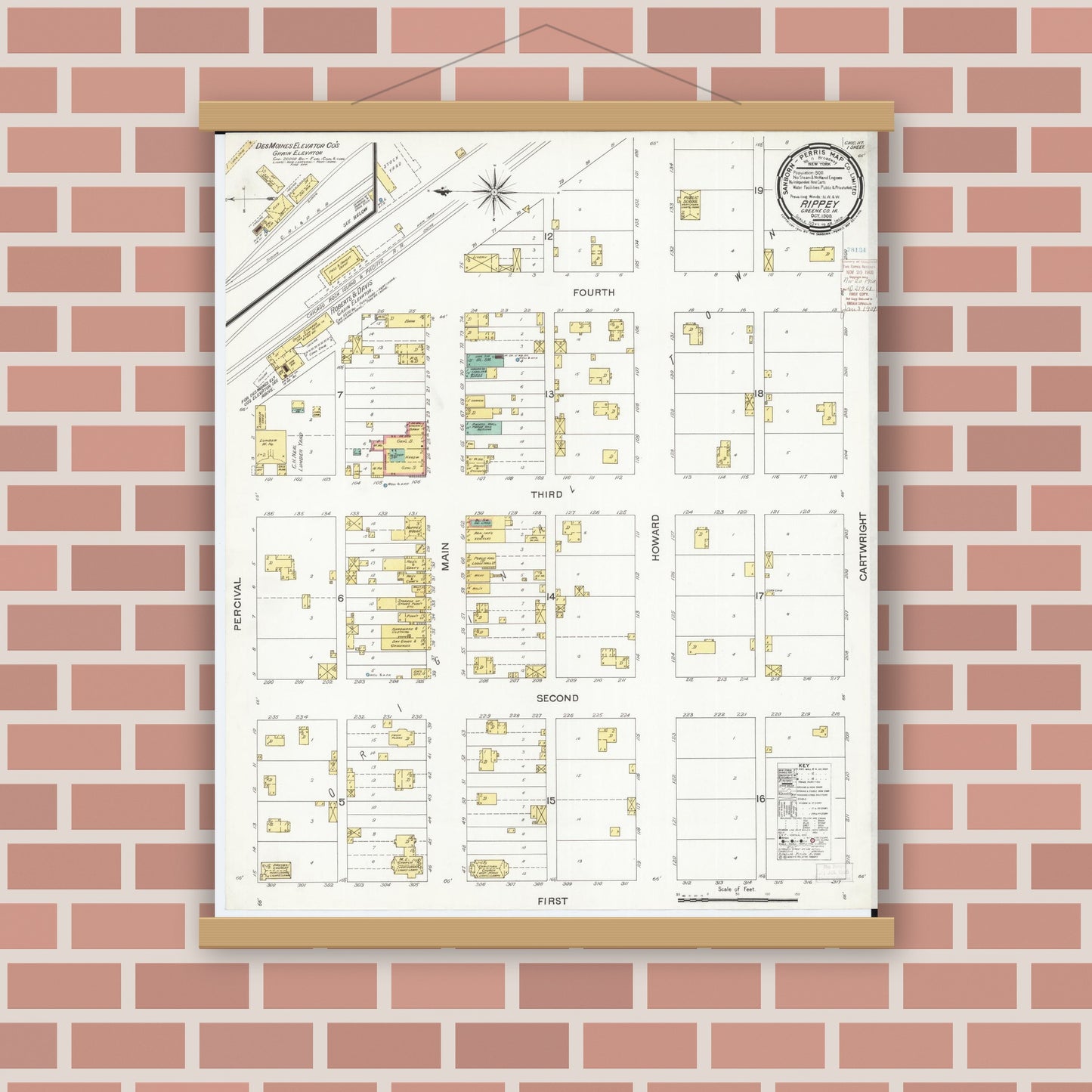 Old map wall art mockup — magnetic wood frame on brick wall — Sanborn Fire Insurance Map from Rippey, Greene County, Iowa (1900), Sheet #0001