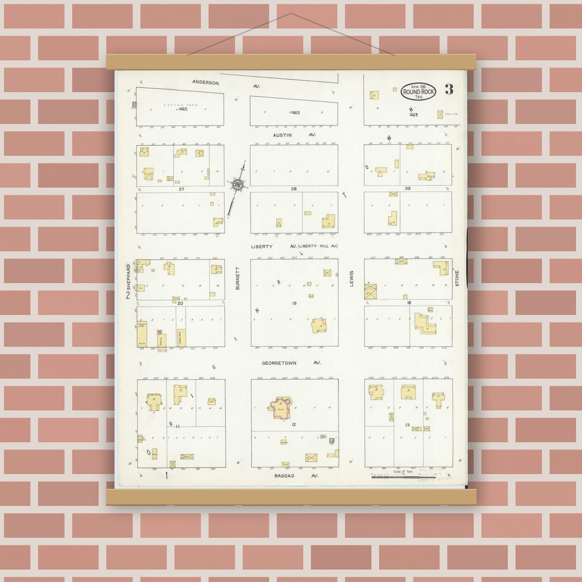 Old map wall art mockup — magnetic wood frame on brick wall — Sanborn Fire Insurance Map from Round Rock, Williamson County, Texas (1916), Sheet #0003
