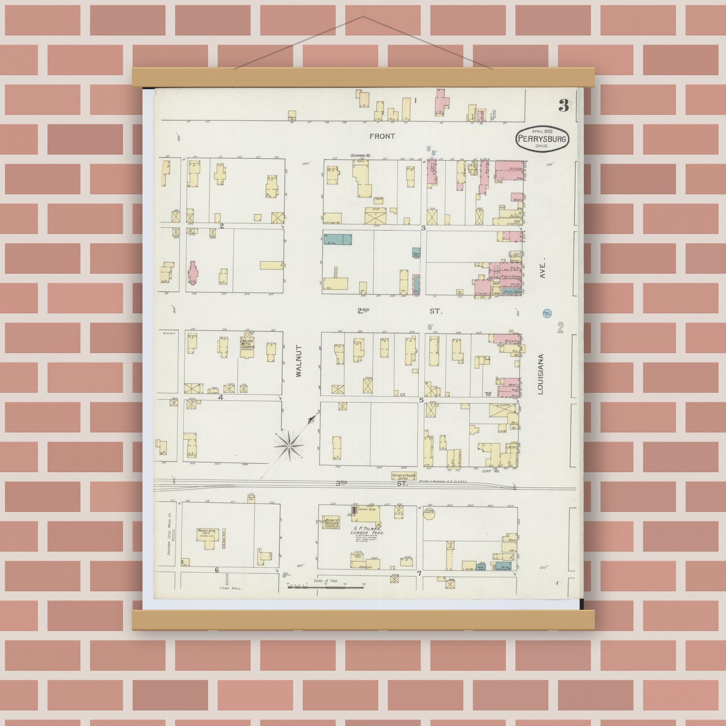 Old map wall art mockup — magnetic wood frame on brick wall — Sanborn Fire Insurance Map from Perrysburg, Wood County, Ohio (1893), Sheet #0003